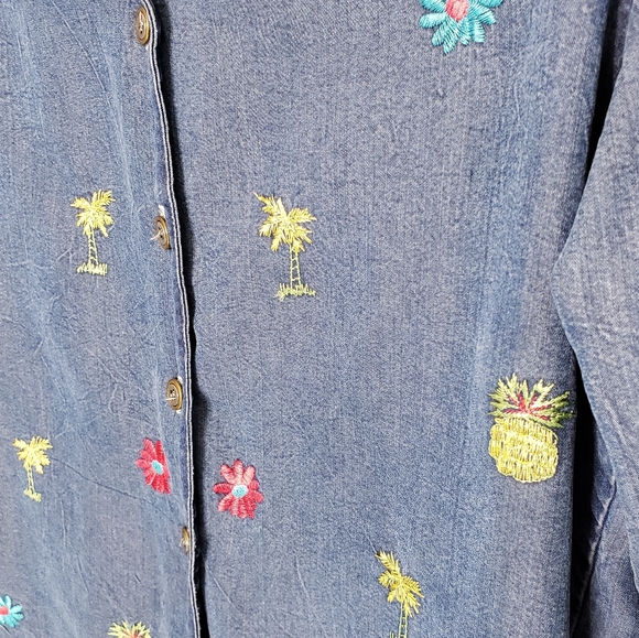 Tencel Tropical Embroidered Buttondown Retro Preppy Vacation Cruise Spring Top L - Picture 10 of 15
